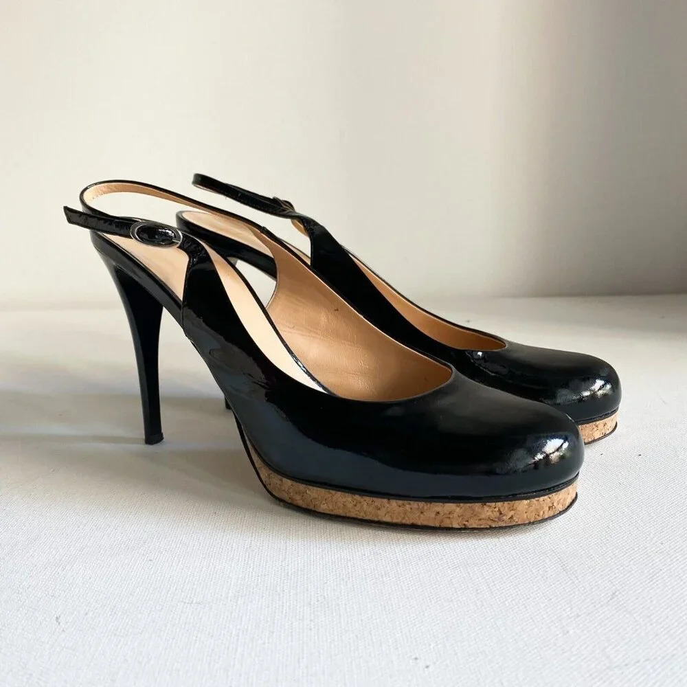 Giuseppe Zanotti Black PAtent leather Round toe  Slingback Heels 40